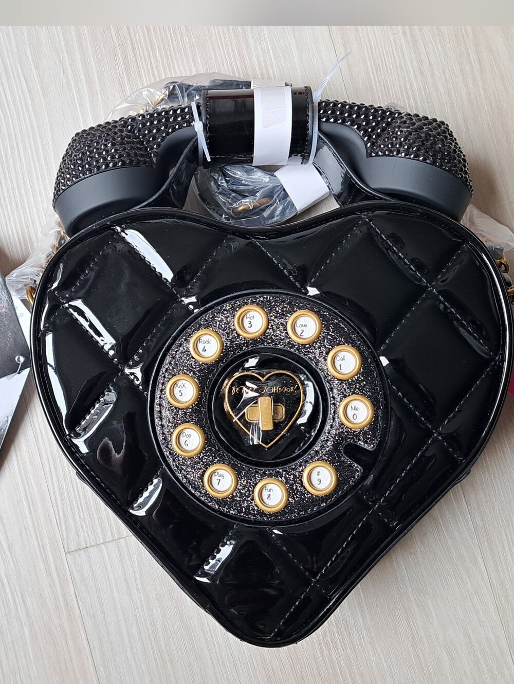 Betsey Johnson Black Patent Heart Telephone Crossbody Bag